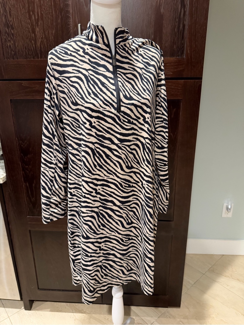 Lulu-B Zebra Animal Print 1/2 Zip Long Sleeve Travel Dress Mefium UPF 50